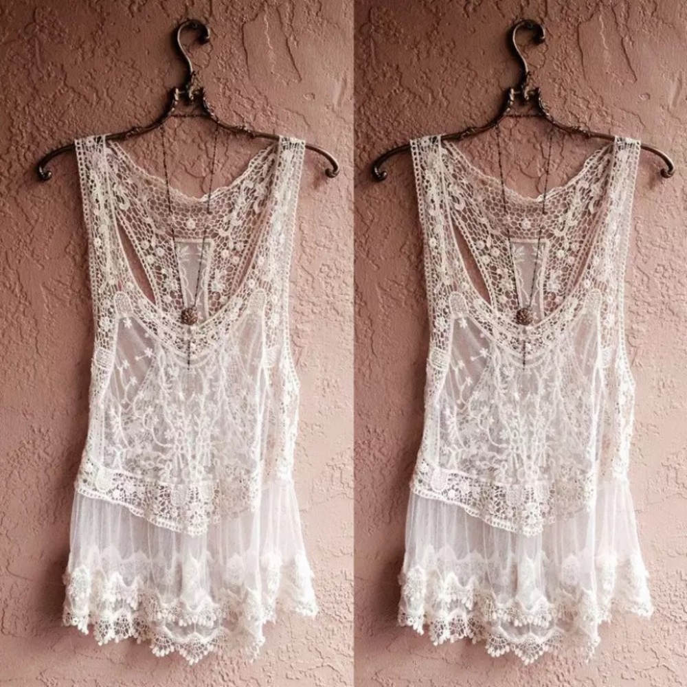Cream Boho Lace Embroidered Crochet Sheer Coverup - Picture 10 of 13